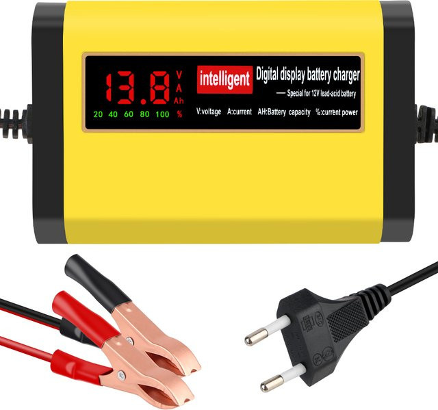 Intelligentes Autobatterie-Ladegerät mit 2 A, vollautomatisches Ladegerät in 3 Stufen für Blei-Säure, AGM und GEL Batterien, Gelb - Bild 1