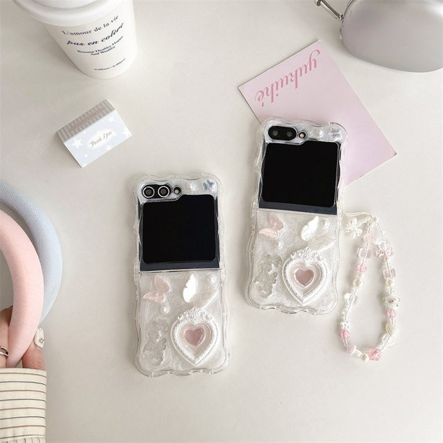 Stoßfeste Samsung Galaxy Z Flip Handyhülle mit 3D Schmetterling und Herz Design in Transparent inklusive Lanyard für Samsung Galaxy Z Flip 7 6 5 4 3 - Bild 1