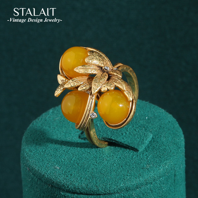 STALAIT Ring, Gelbe Kugel, Blatt, Stein, Damen - Bild 1