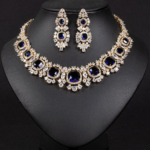 SUYU Halskette Ohrring Set, Messing, Zirkonia, blau, Damen - Bild 1