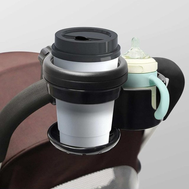 Universal 2 in 1 Getränkehalter und Flaschentasche für Kinderwagen und Doppelwagen in Schwarz - Bild 1