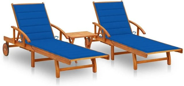vidaXL Sonnenliegen Set aus 2 Stück mit Tisch und Auflagen aus Akazien-Massivholz in Königsblau - Bild 1
