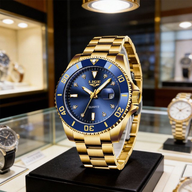 LIGE Armbanduhr Edelstahl, Datum, Blau, Herren - Bild 1