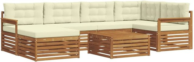 vidaXL Outdoor-Sofagarnitur 7-teilig L-Form aus Akazienholz mit Kissen in Natur und Creme - Bild 1