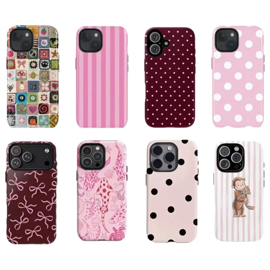 Rosa Gestreifte Polka-Dot Handyhülle mit Doppelschicht-Schutz für iPhone 17 Air 16e 16 Pro Max 15 14 Plus 13 12 11 Pro - Bild 1
