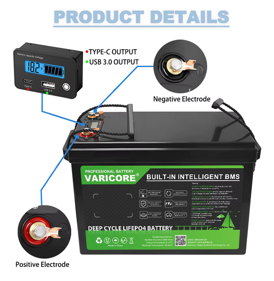 Varicore LiFePO4 Batterie 12,8V 200Ah mit Smart BMS, LCD-Display und USB-C Ausgang, Schwarz - Bild 7