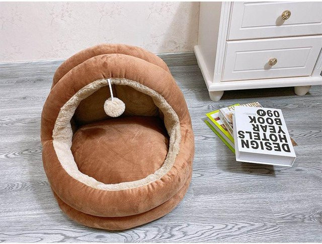 Gemütliches Katzenbett Haus in Braun als Schlafhöhle für Katzen und kleine Hunde - Bild 1