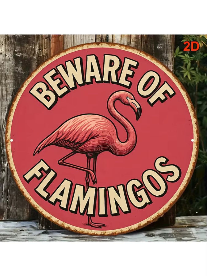 Potdemiel Vintage Aluminiumschild Beware of Flamingos rund, Farbe: Pink, Durchmesser: 20,3 cm - Bild 4