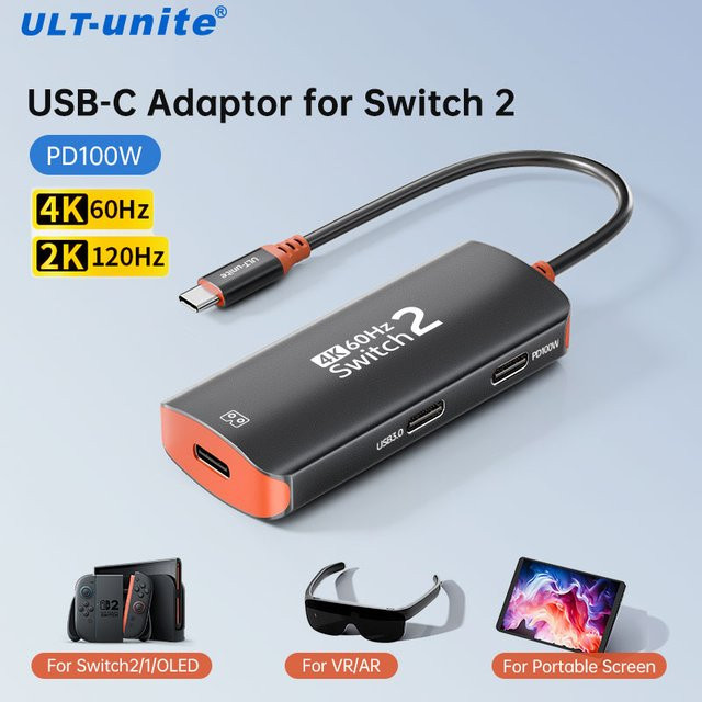 ULT-unite USB-C Hub Dockingstation in Schwarz für Nintendo Switch 2 und OLED, 4K60Hz Adapter mit 10Gbps Datenübertragung und 100W Power Delivery für Steam Deck und Laptop - Bild 1
