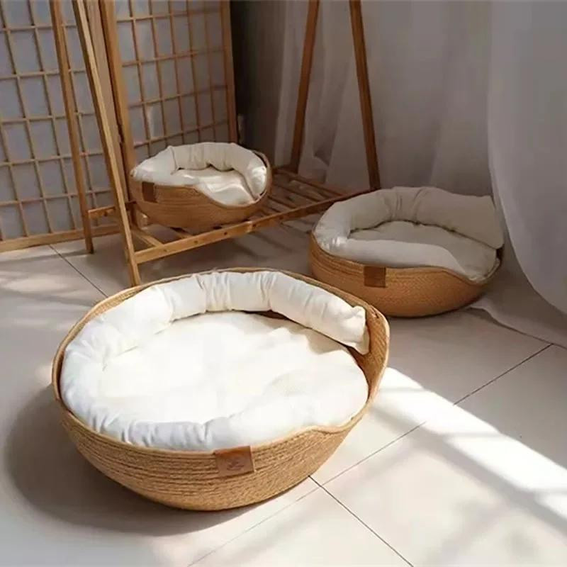 Gemütliches Haustierbett von Pet Products My aus Bambusflechterei in Beige mit abnehmbarem Baumwollkissen, B/T/H: 32 x 32 x 32 cm - Bild 3