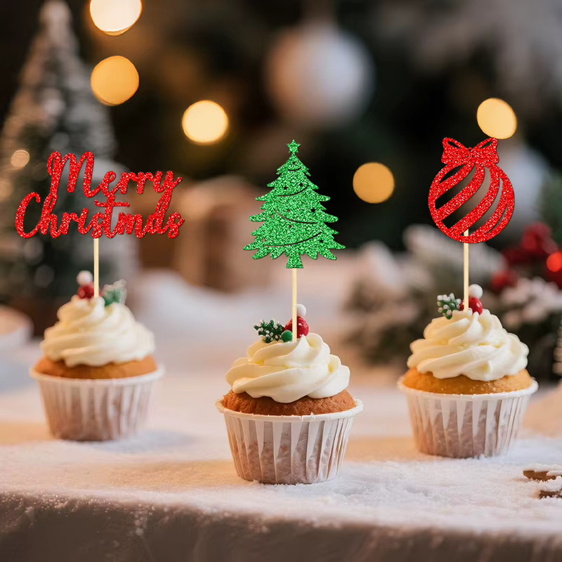 YOMDID 24 Stück Weihnachtskuchen-Dekorationen, glitzernde Cupcake-Topper für Weihnachten in Grün, Rot und Multicolour - Bild 6