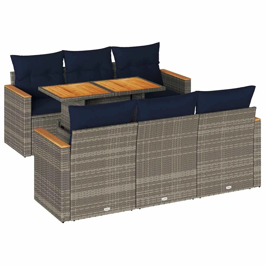 vidaXL 7-teilige Garten-Sofagarnitur aus Poly-Rattan und Akazienholz in Grau mit Kissen - Bild 2