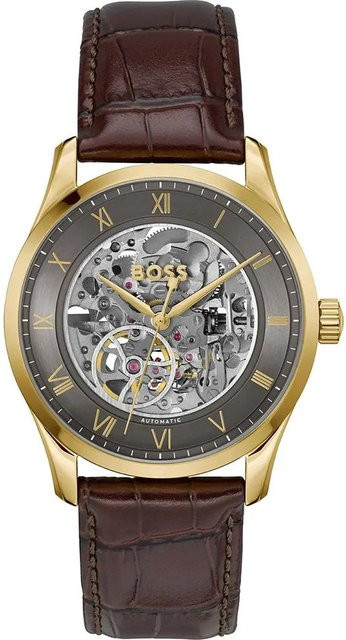 BOSS Automatik Uhr, Skelett, Grau, Leder, Herren - Bild 1