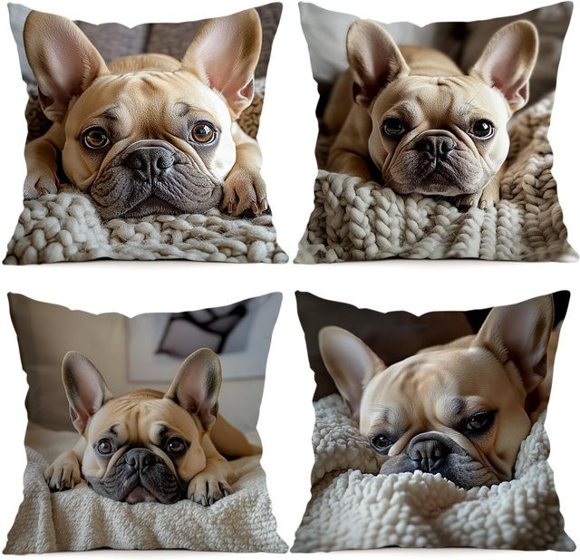 Dekokissen Kissenbezug Französische Bulldogge aus Polyester in Beige, B/B/B: 45 x 45 x 45 cm - Bild 1