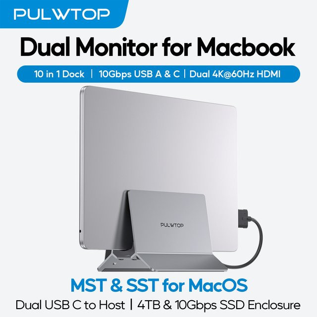 PULWTOP Dual-USB-C Mac Laptop-Dockingstation mit USB 2.0 und SD/TF-Slot, vertikaler Dockständer für MacBook Pro Air M3 M4 M5, Farbe: Silber - Bild 1