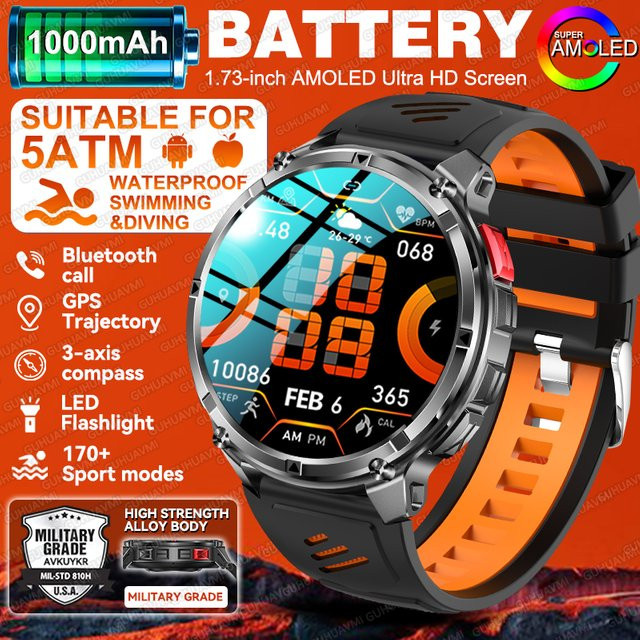 GUHUAVMI Militär Smartwatch mit GPS, AMOLED Display und Kompass, 5ATM wasserdicht, Schwarz - Bild 1