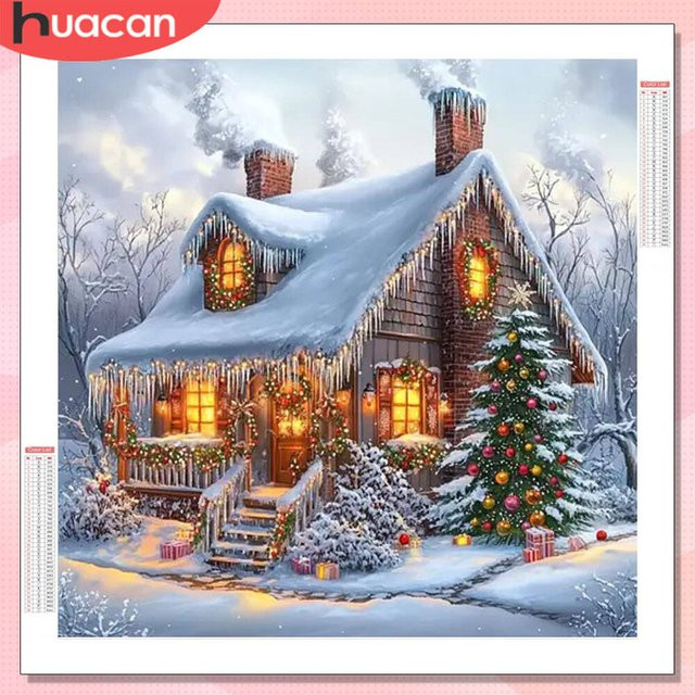 HUACAN Diamant-Malset Winterlandschaft mit Haus und Weihnachtsbaum, Mosaik-Stickerei Set in Mehrfarbig, Breite: 20 cm, Höhe: 20 cm - Bild 1