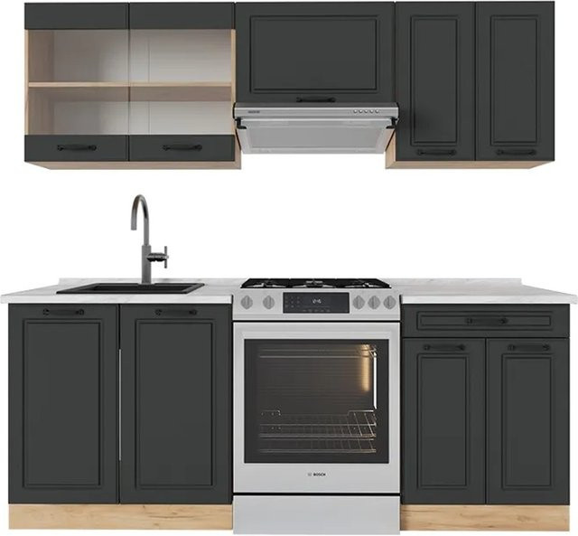 Vicco R-Line Küchenzeile Landhausstil in Anthrazit und Eiche mit Marmor-Optik, Breite: 200 cm - Bild 1