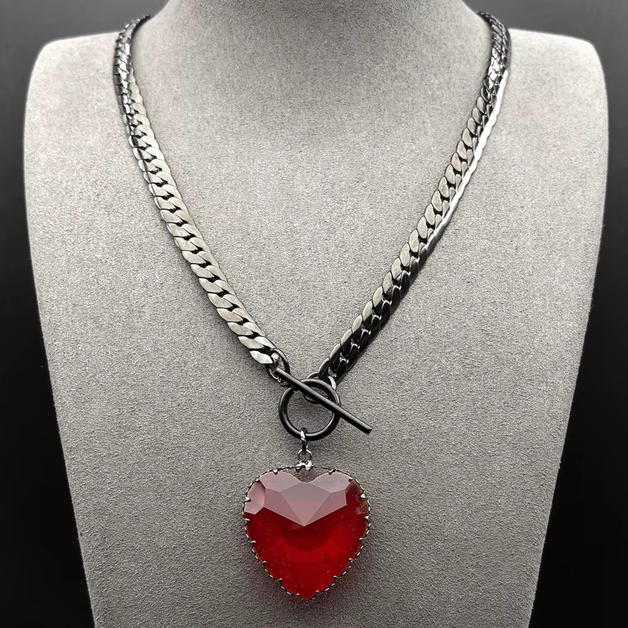 Lovely FAJA Halskette, Rotes Herz Glas Anhänger, Edelstahl, Schwarz, Unisex - Bild 1