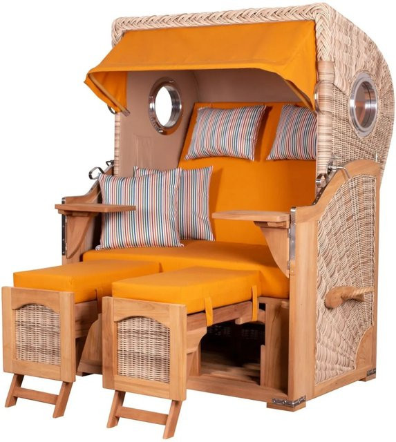 Bene Living Strandkorb Komplettset Ammersee aus Teak mit Bullauge und PE Shell in Orange gestreift - Bild 1
