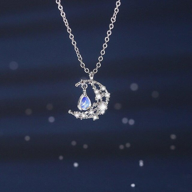 Halskette 925 Sterlingsilber, Zirkon Mond, Bunter Wassertropfen Anhänger, Damen - Bild 1
