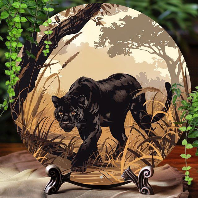 Vintage Black Panther Rundes Aluminium-Wandkunstschild in Schwarz, Durchmesser: 20,3 cm - Bild 1