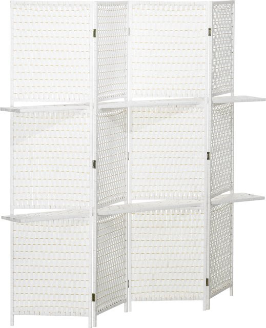 HOMCOM Paravent 4-teilig aus Kiefernholz und Bambus mit 2 Regalen, faltbarer Raumteiler als Sichtschutz in Weiß, B/H: 181 x 180 cm - Bild 1