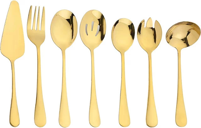 7-teiliges AJOYOUS Besteckset aus Edelstahl in Gold, poliertes Servierbesteck für Erwachsene mit Löffeln, Gabeln und Spachteln - Bild 1