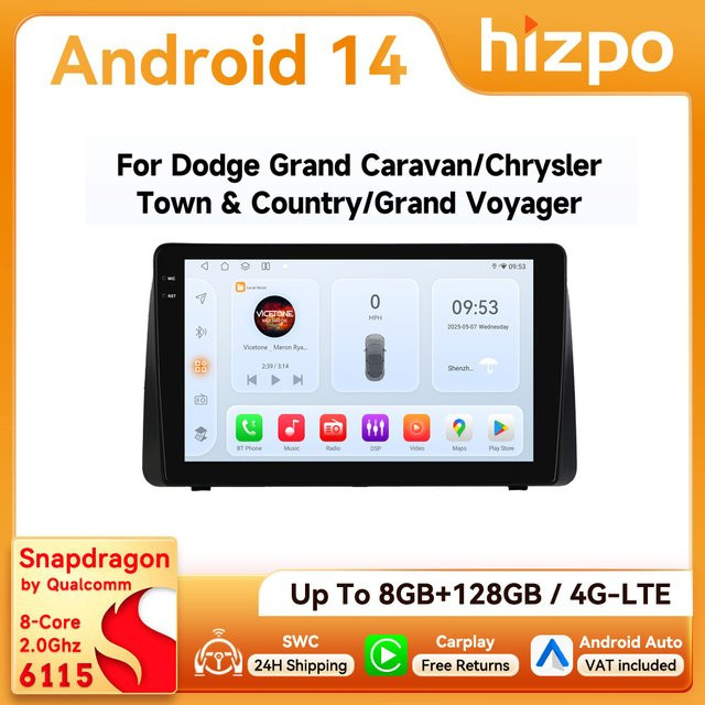 Hizpo 2Din Android Autoradio mit 9 Zoll Display für Dodge Grand Caravan 2011-2020, Chrysler Town & Country 2011-2016 und Grand Voyager 2011-2015, inklusive CarPlay, Bluetooth, 4G und 360 Grad Kamera, Schwarz - Bild 1