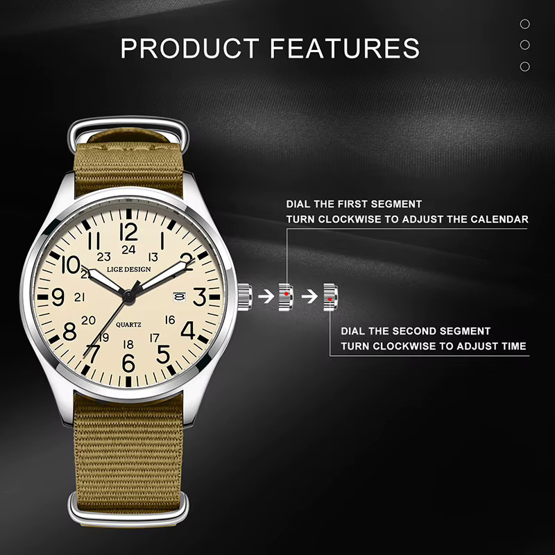 LIGE Armbanduhr, Quarz, Textil/NATO, Weiß, Schwarz, Herren - Bild 3