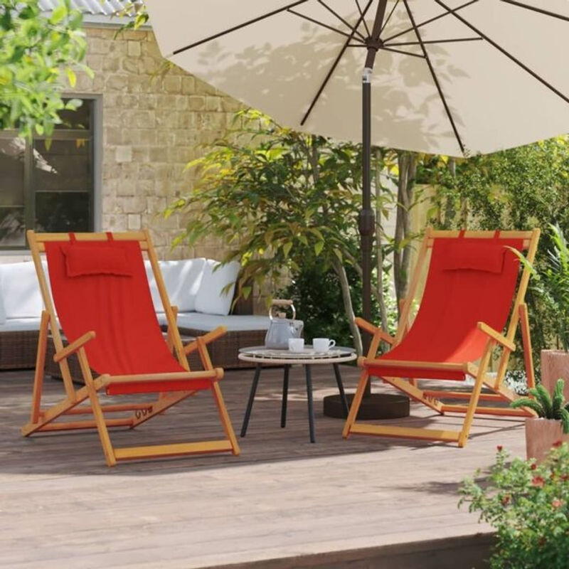 2er Set klappbare Strandstühle von vidaxl aus Eukalyptusholz und rotem Polyester-Stoff - Bild 1