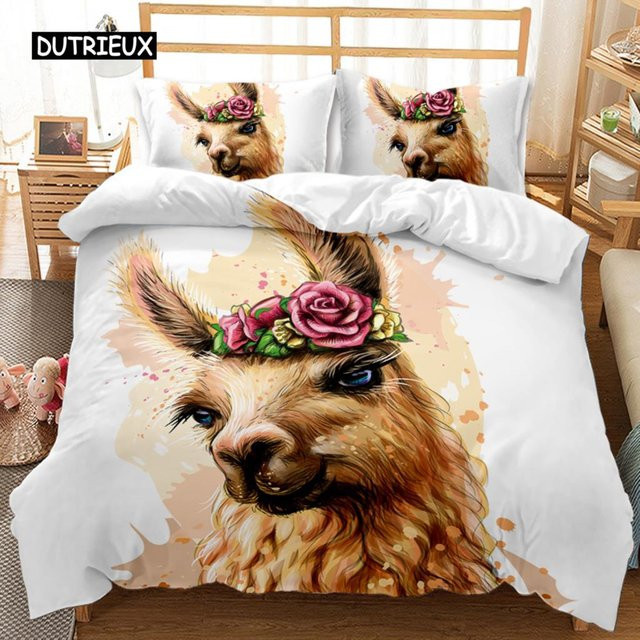 Alpaka Bettbezug für Kinder und Mädchen mit Cartoon-Alpaka-Motiv, Weiß, Polyester, B/H: 210 x 210 cm - Bild 1