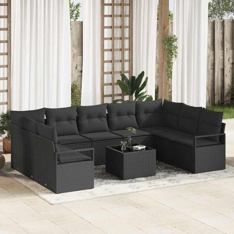 Vidaxl Polyrattan Garten-Sofa-Set mit Kissen und Speicherfunktion in Schwarz, modernes modulares Loungemöbel-Set aus Stahl und Polyrattan, 10-teilig - Bild 1