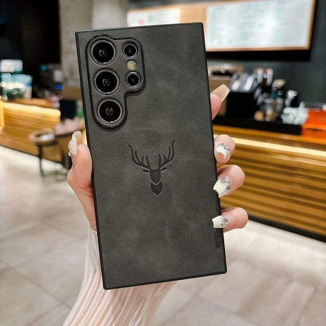 Retro Lammleder Handyhülle mit Hirschkopf-Design für Samsung Galaxy S26 S25 S24 S23 S22 S21 Ultra Plus FE A55 A53 A52 A36 in Schwarz - Bild 1