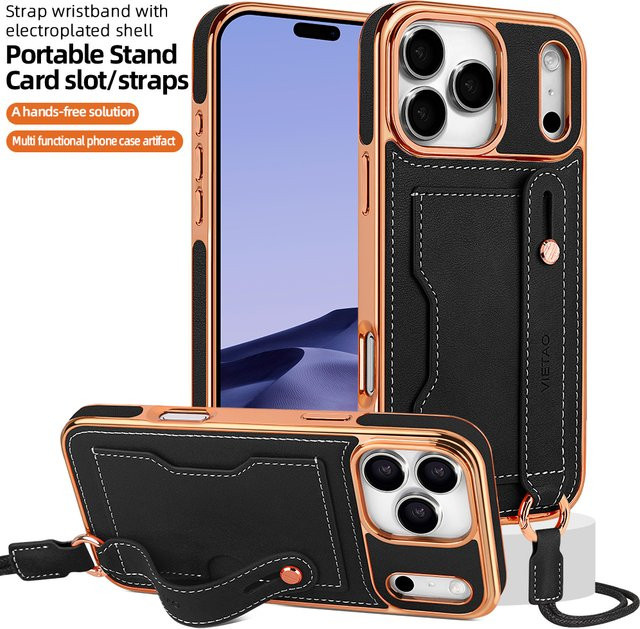 VIETAO Handyhülle aus PU-Leder mit Kartenhalter und Handyband für iPhone 17 16 15 14 13 12 Pro Max inklusive Ständerhalter in Schwarz und Grün - Bild 1