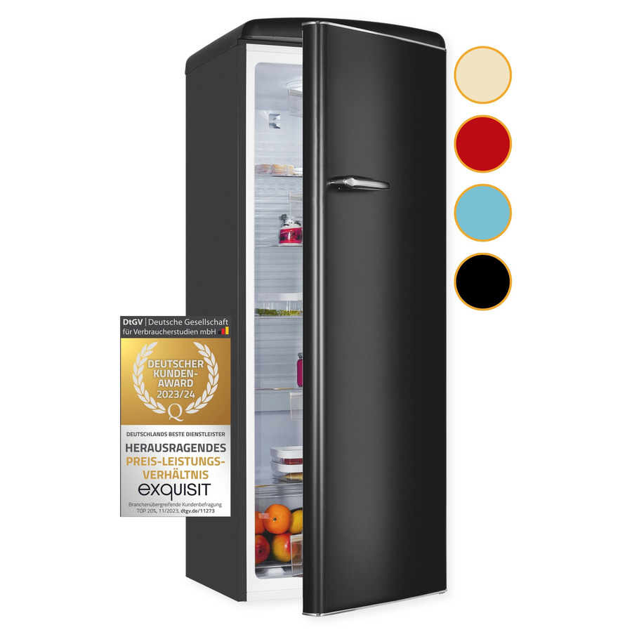 Exquisit RKS325-V-H-160E Retro Vollraumkühlschrank in Mattschwarz, Standgerät mit LED-Innenbeleuchtung und Flaschenregal - Bild 1