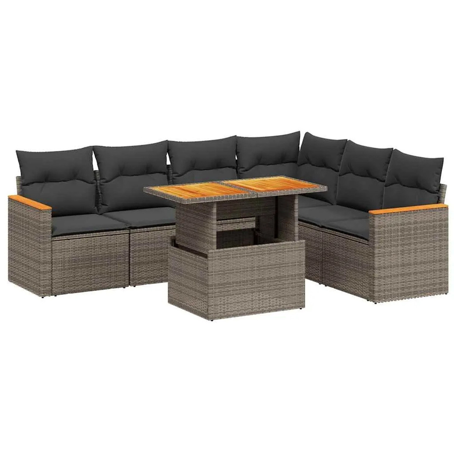vidaXL 7-teilige Garten-Sofagarnitur in L-Form aus grauem Poly-Rattan mit Kissen und Akazienholz - Bild 2