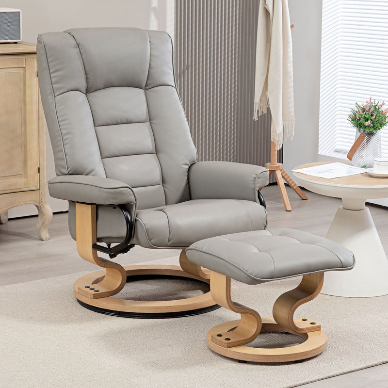 HOMCOM Relaxsessel mit Hocker, 360 Grad drehbar und 130 Grad neigbar, Liegefunktion mit hoher Rückenlehne, Kunstleder und Holzrahmen, Grau, B/T/H: 76 x 85 x 104 cm - Bild 2