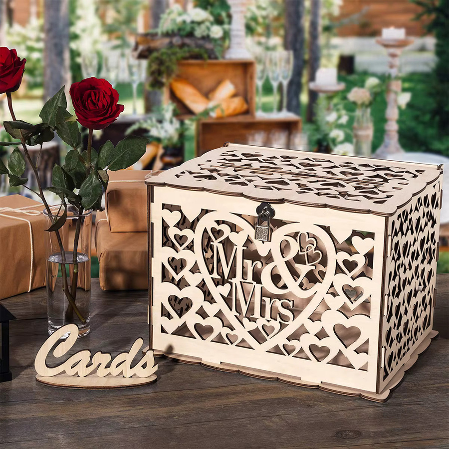 Huiran Holzene Hochzeitskartenbox mit Schloss und Blumenmuster in Braun - Bild 2