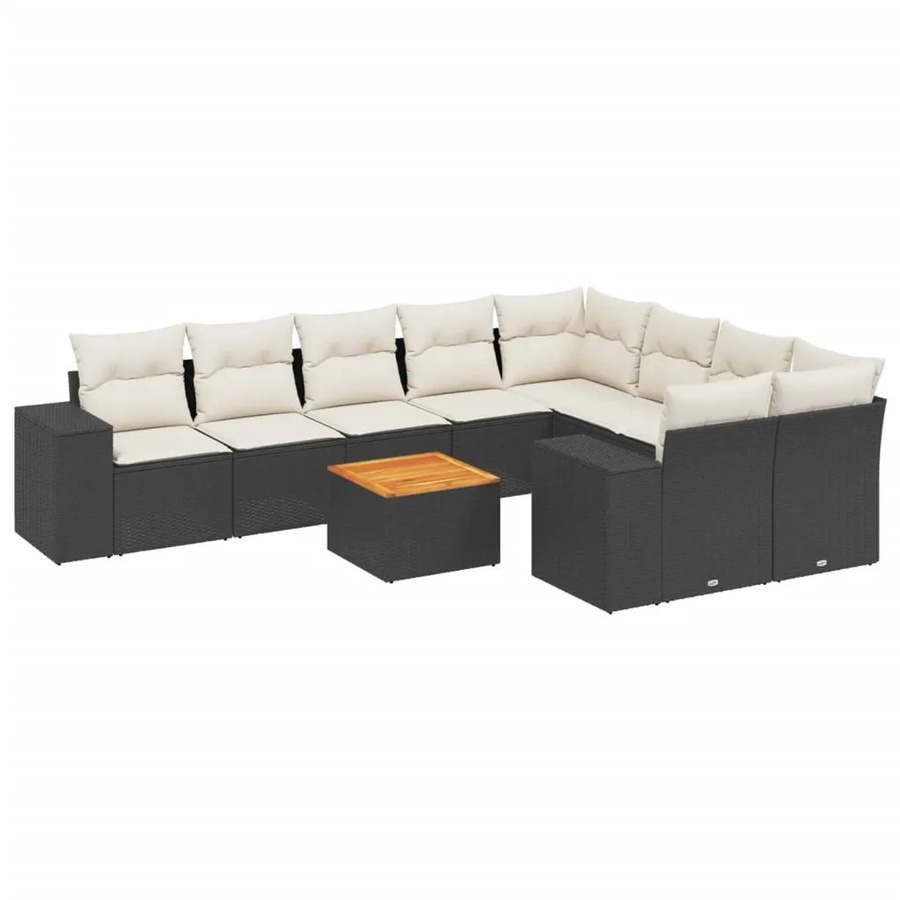 vidaXL 10-tlg. Garten-Sofagarnitur in L-Form aus Poly-Rattan und pulverbeschichtetem Stahl mit Kissen in Schwarz-Creme - Bild 2