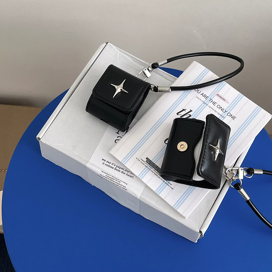 Schutzhülle aus Metall-Nordstern-Kunstleder für Apple AirPods 1, 2, 3, 4, Pro 2, Pro 3 mit Umhängeband in Schwarz - Bild 2