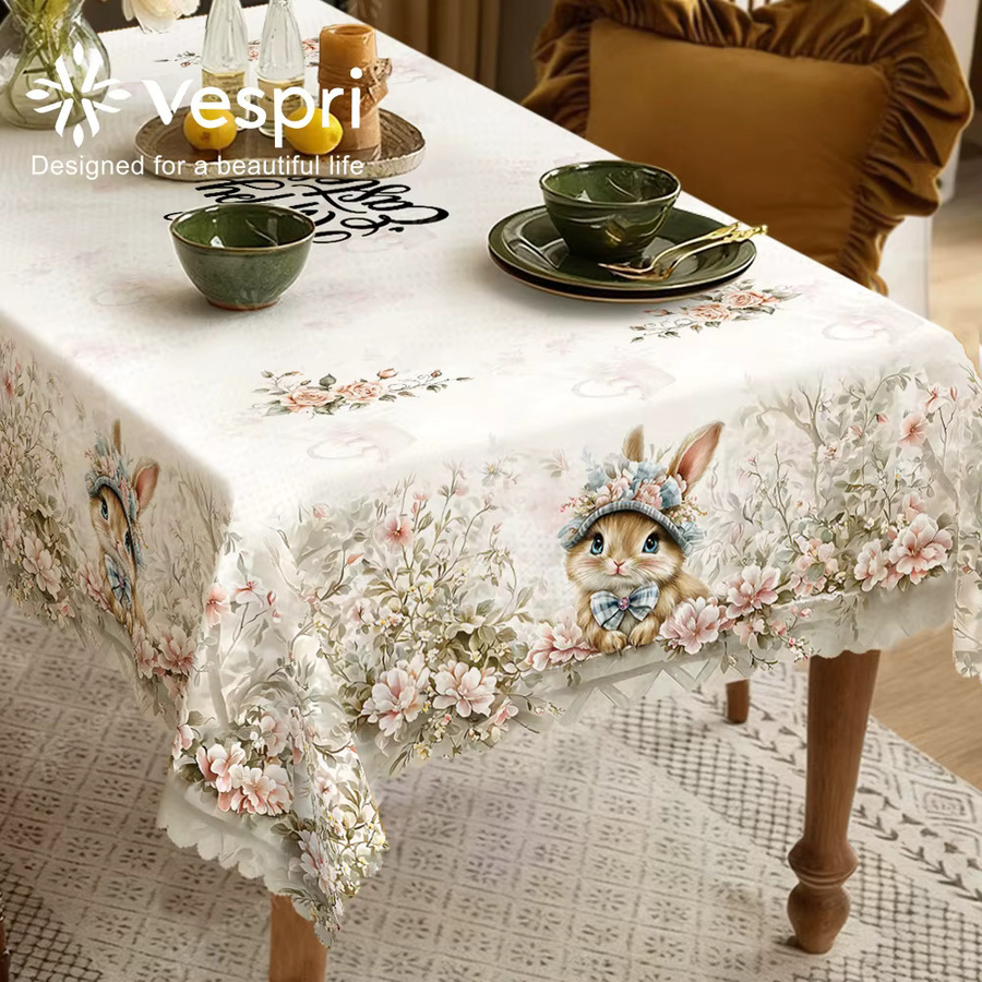 Vespri Oster-Tischdecke aus Polyester mit Hasen und Blumen in Weiß und Rosa - Bild 4