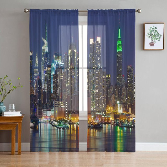 Urbane Nachtlandschaft Transparente Vorhänge aus Polyester in Blau, Breite: 135 cm, Höhe: 115 cm - Bild 1