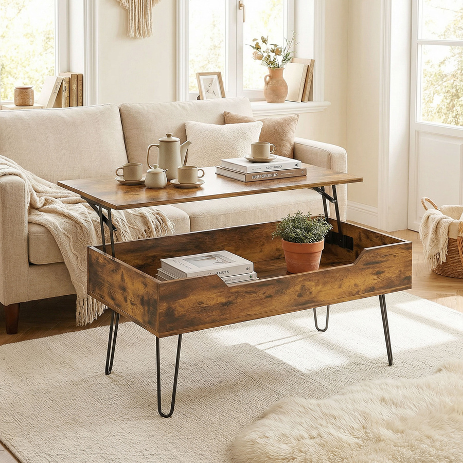 Aosom Rechteckiger Couchtisch aus Holz und Metall im Industrial Design, höhenverstellbar mit verstecktem Stauraum, Rustikalbraun, B/T/H: 95 x 50 x 40 cm - Bild 2