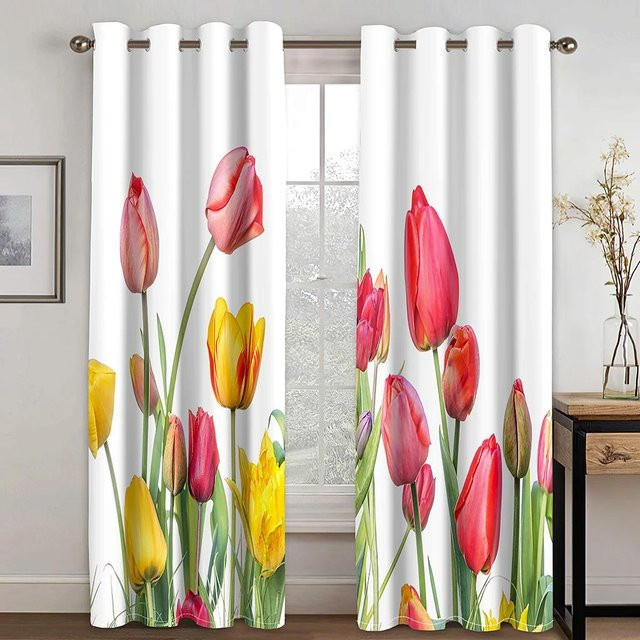 Yiran Furniture Tulpenvorhang mit Blumenmuster in Weiß, semi-transparent, B: 55 cm, H: 185 cm - Bild 1