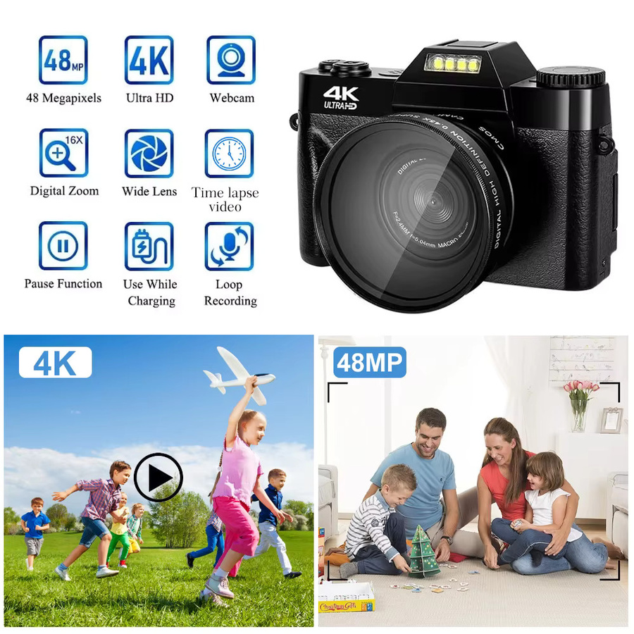 Magecam 4K Professionelle Digitalkamera mit 48 MP, 16X Zoom, Autofokus, WIFI und 3 Zoll Flip Screen in Schwarz - Bild 2