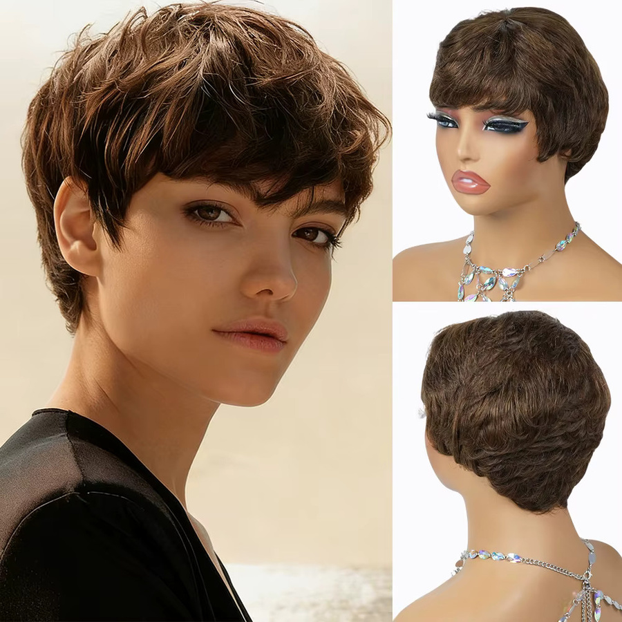 OYM HAIR Pixie-Cut-Perücke aus Echthaar, braun, Damen - Bild 3