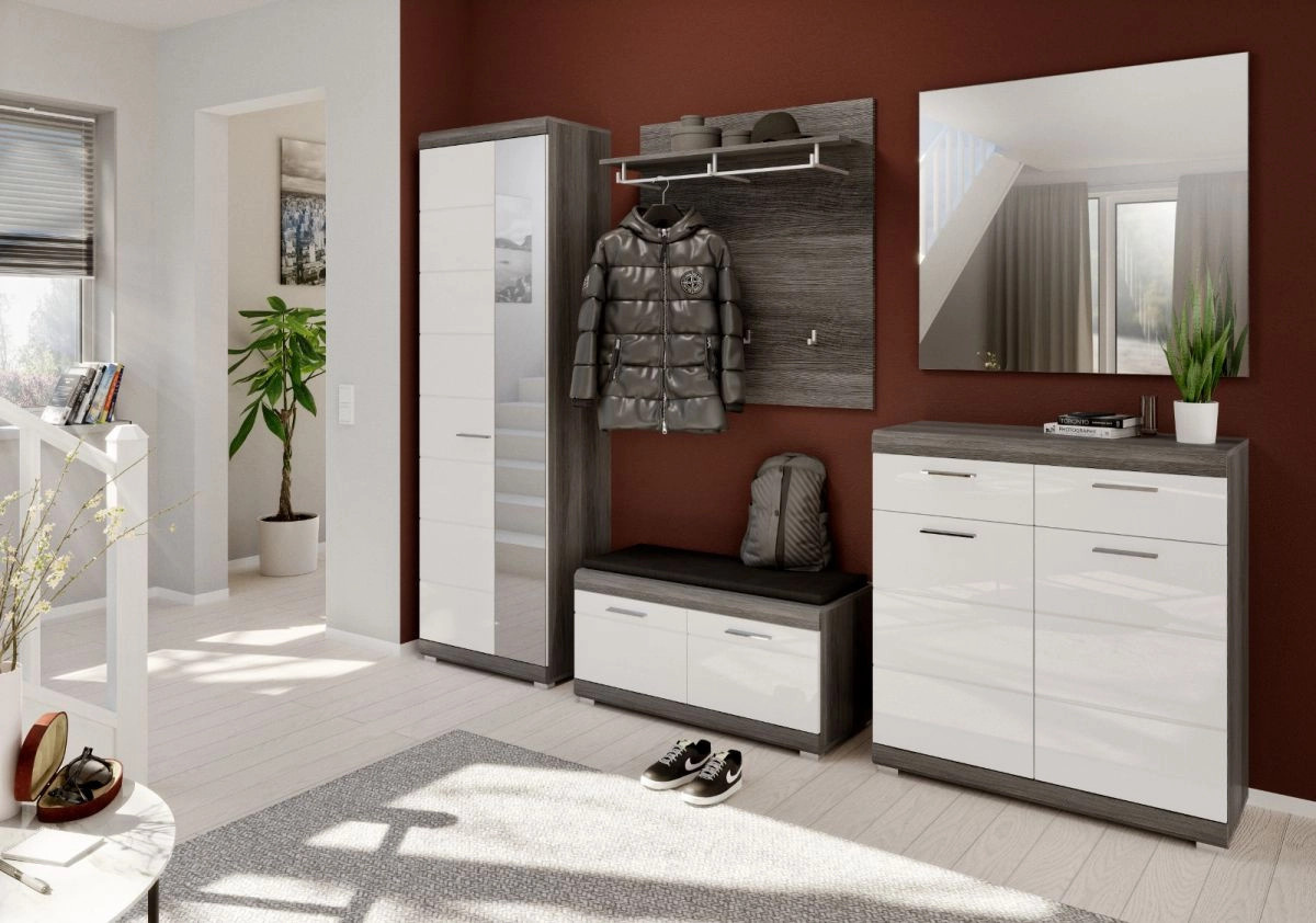 Inn.Furn Garderobenschrank Shawn in Weiß Hochglanz und Grau mit Spiegel, B/T/H: 62 x 37 x 197 cm - Bild 4