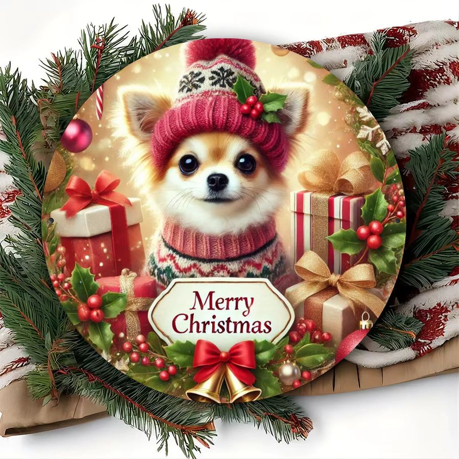 Potdemiel Weihnachts-Chihuahua Wanddekoration aus Aluminium, Vintage Rundplatte, Durchmesser: 20,3 cm, Multicolor - Bild 5