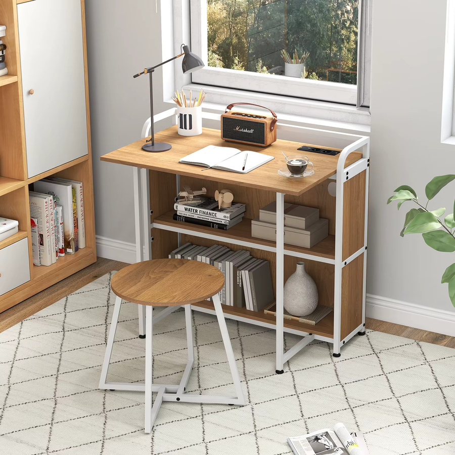 GOFLAME Klappbarer Schreibtisch mit Steckdose und Hocker in Beige und Braun mit Regalen und Metallrahmen - Bild 2